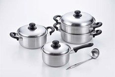 EM-023 燕三 IH対応片手鍋18cm & 両手鍋20cm & 二段蒸し器24cm (お玉付