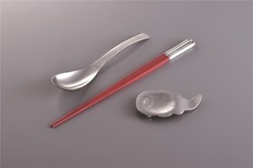 燕舞 中華箸・ステンレスレンゲ・雲型箸スプーンスタンド セット (赤